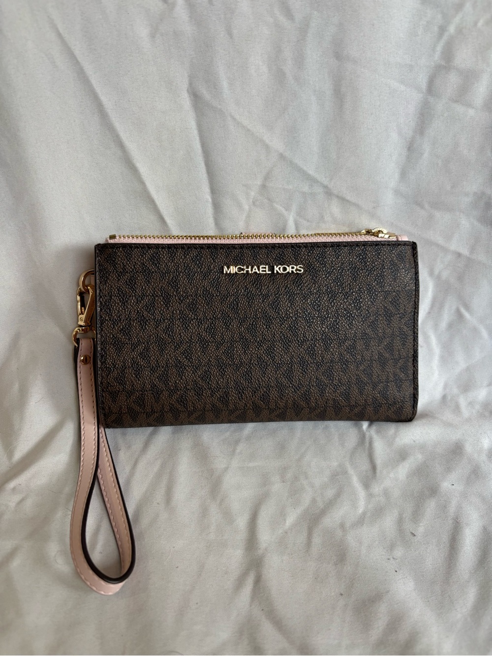 Michael Kors Brown Logo Wristlet with Pale Pink Strap
